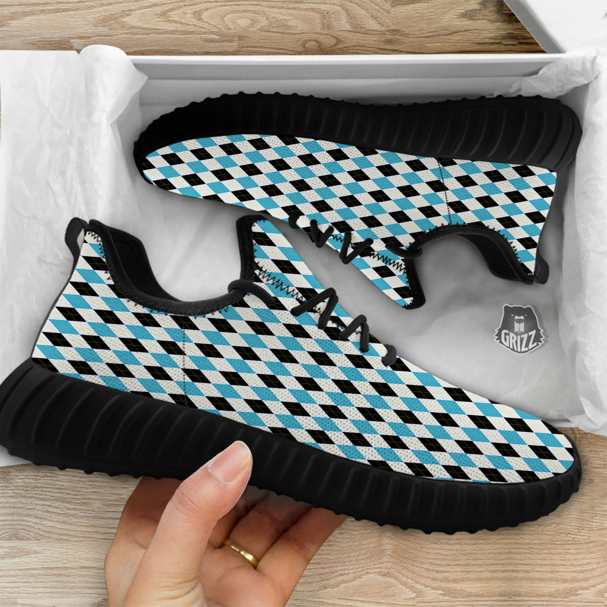 Yellow Black And Blue Argyle Print Black Walking Shoes-grizzshop