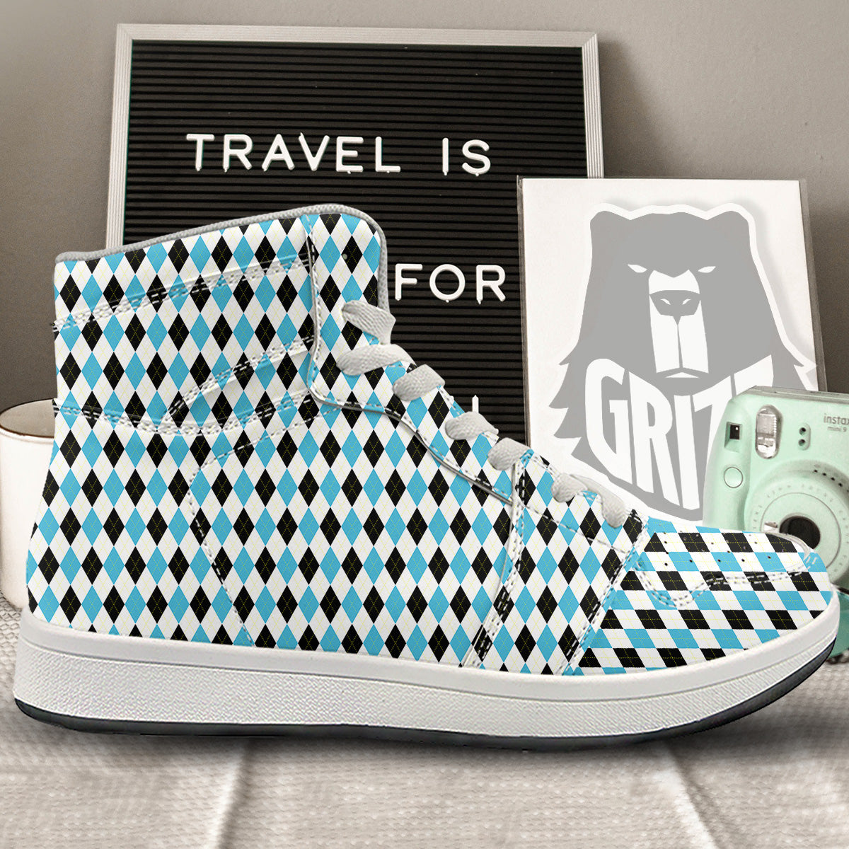 Yellow Black And Blue Argyle Print High Top Sneakers-grizzshop