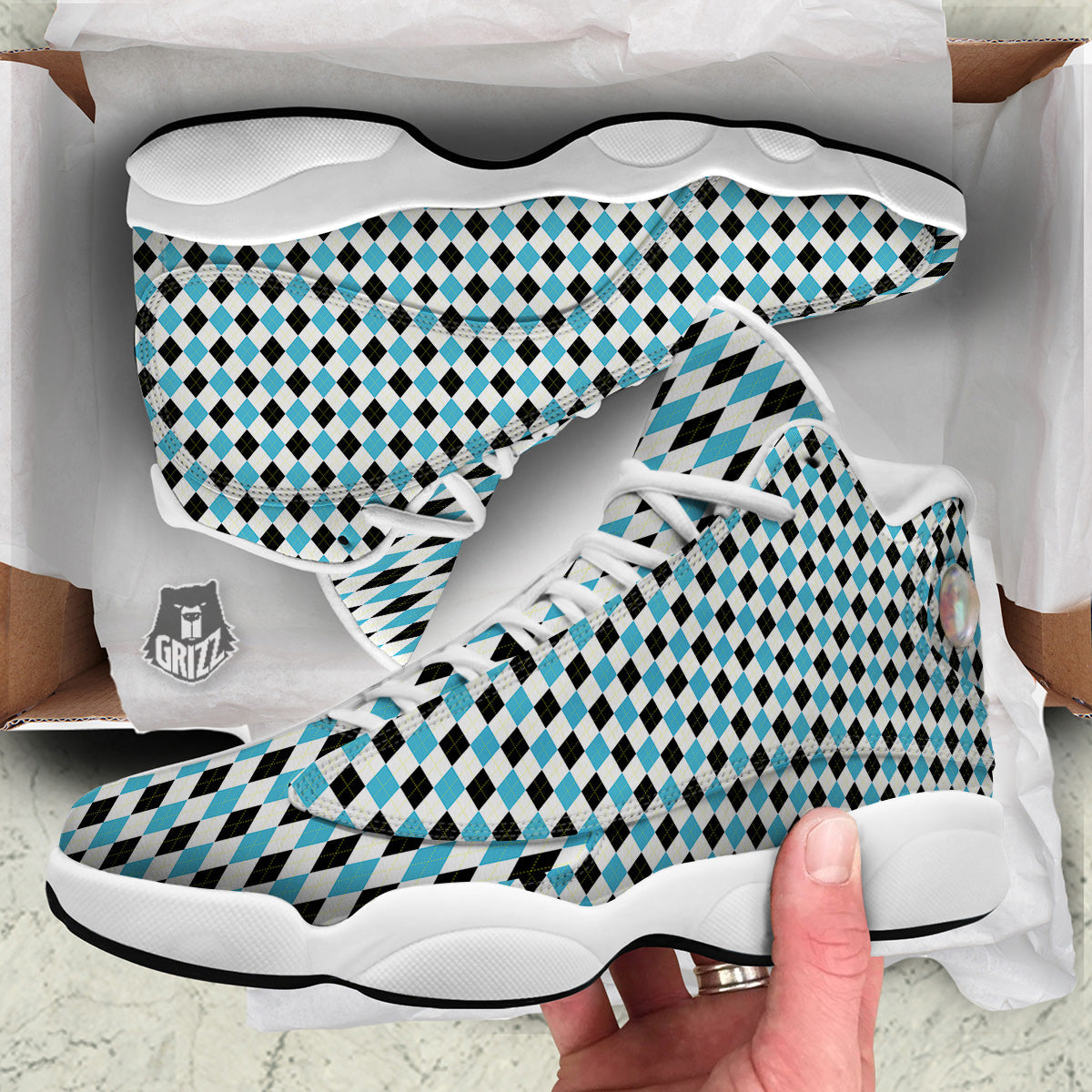 Yellow Black And Blue Argyle Print White Basketball Shoes-grizzshop