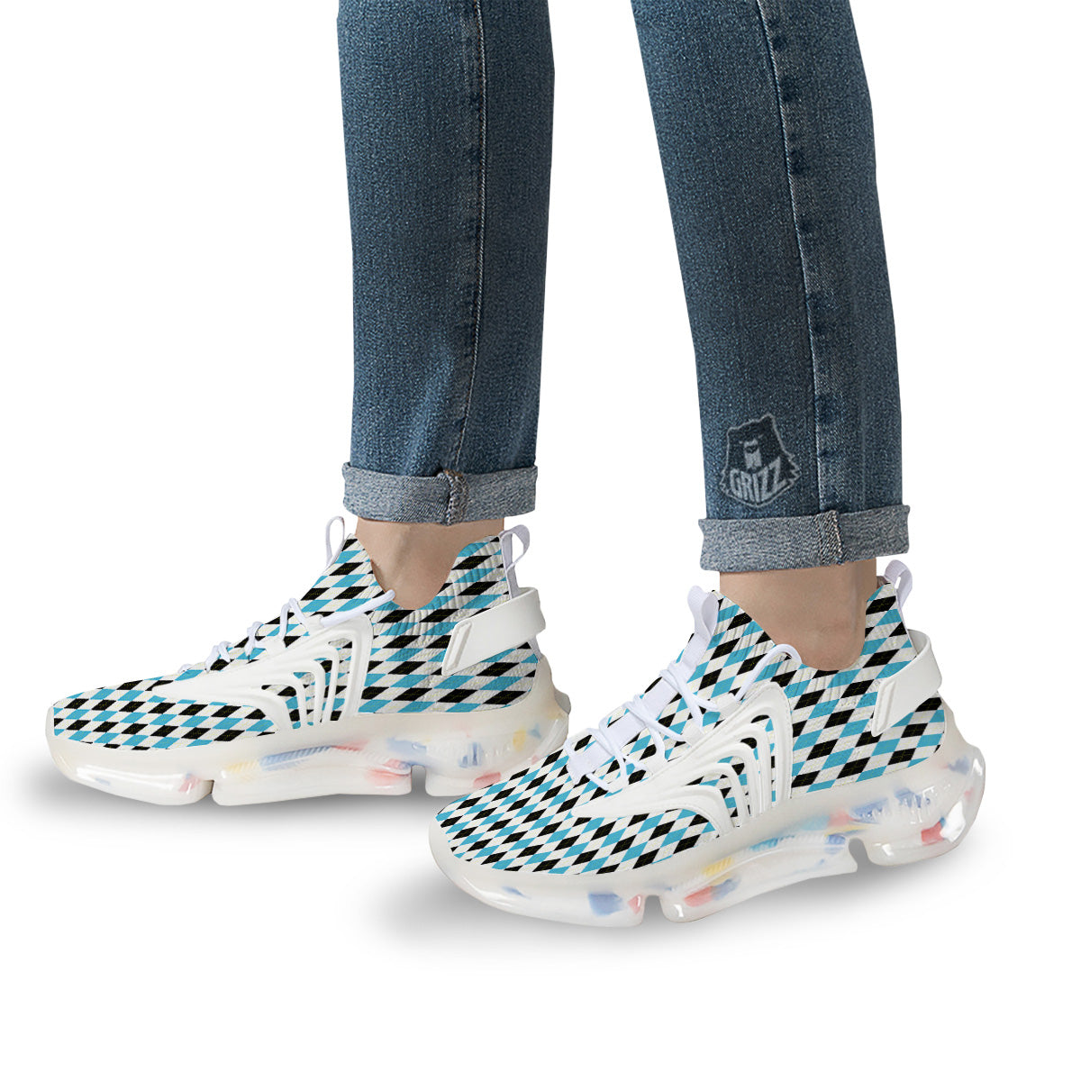Yellow Black And Blue Argyle Print White Gym Shoes-grizzshop