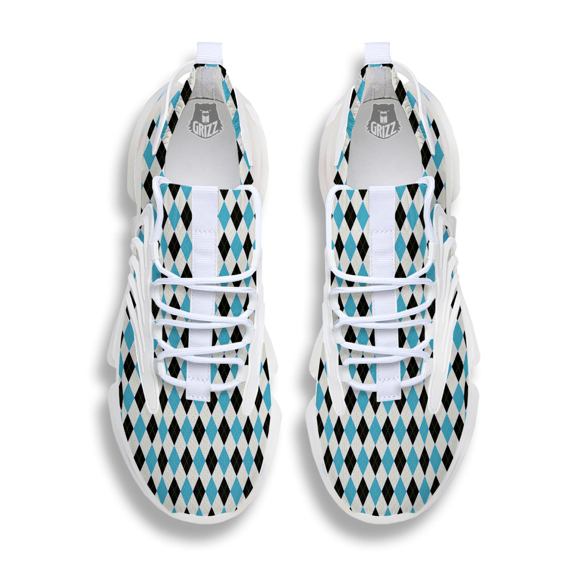 Yellow Black And Blue Argyle Print White Gym Shoes-grizzshop