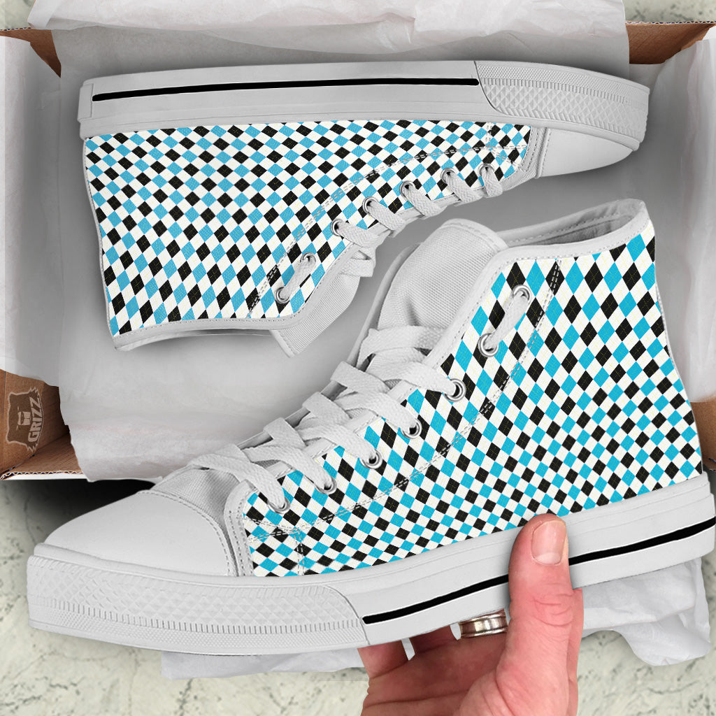 Yellow Black And Blue Argyle Print White High Top Shoes-grizzshop