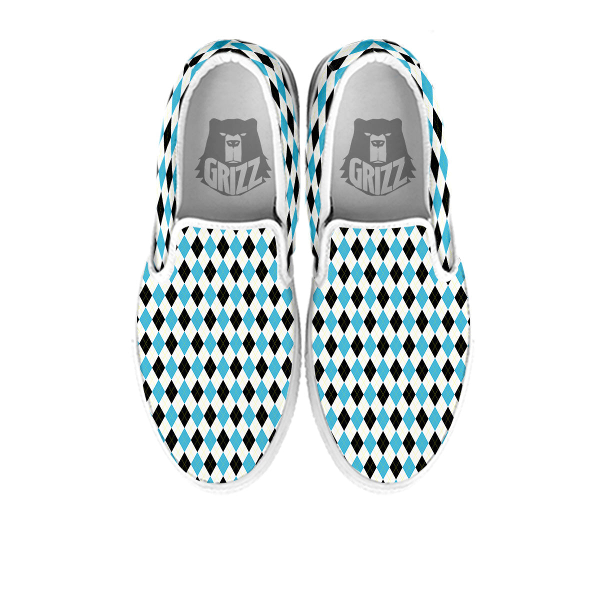 Yellow Black And Blue Argyle Print White Slip On Shoes-grizzshop