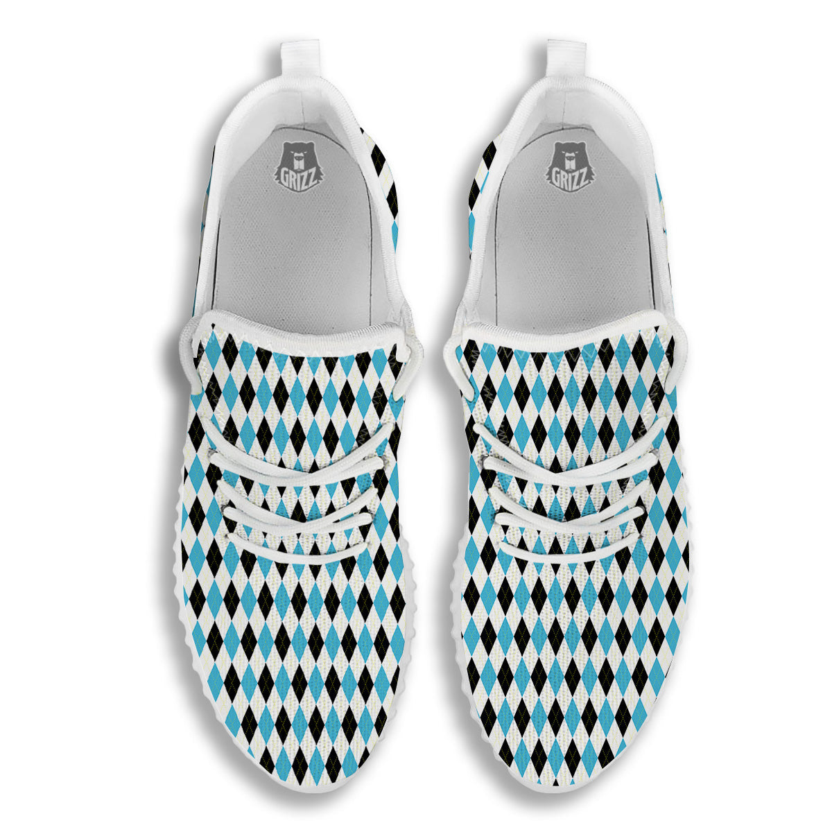 Yellow Black And Blue Argyle Print White Walking Shoes-grizzshop