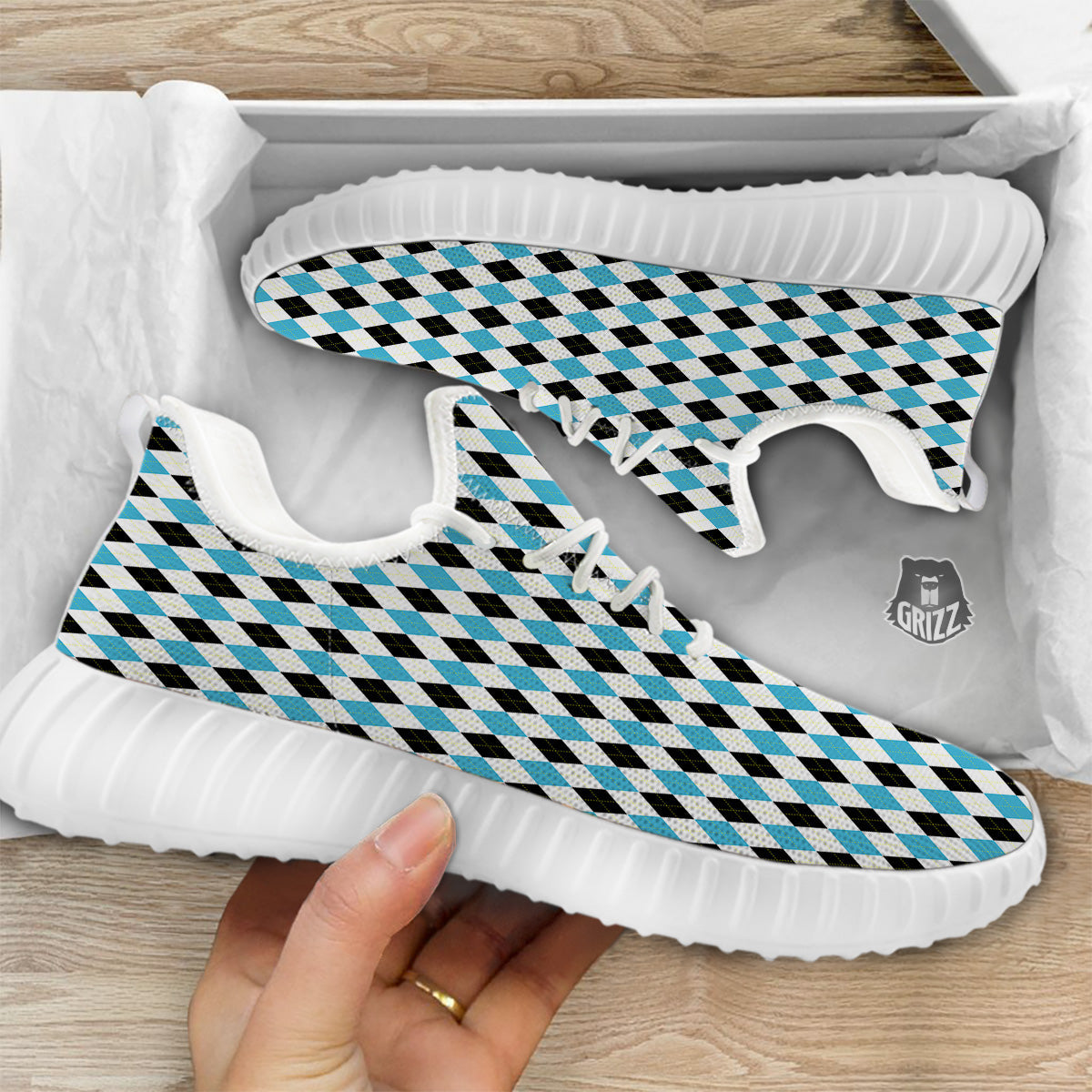 Yellow Black And Blue Argyle Print White Walking Shoes-grizzshop