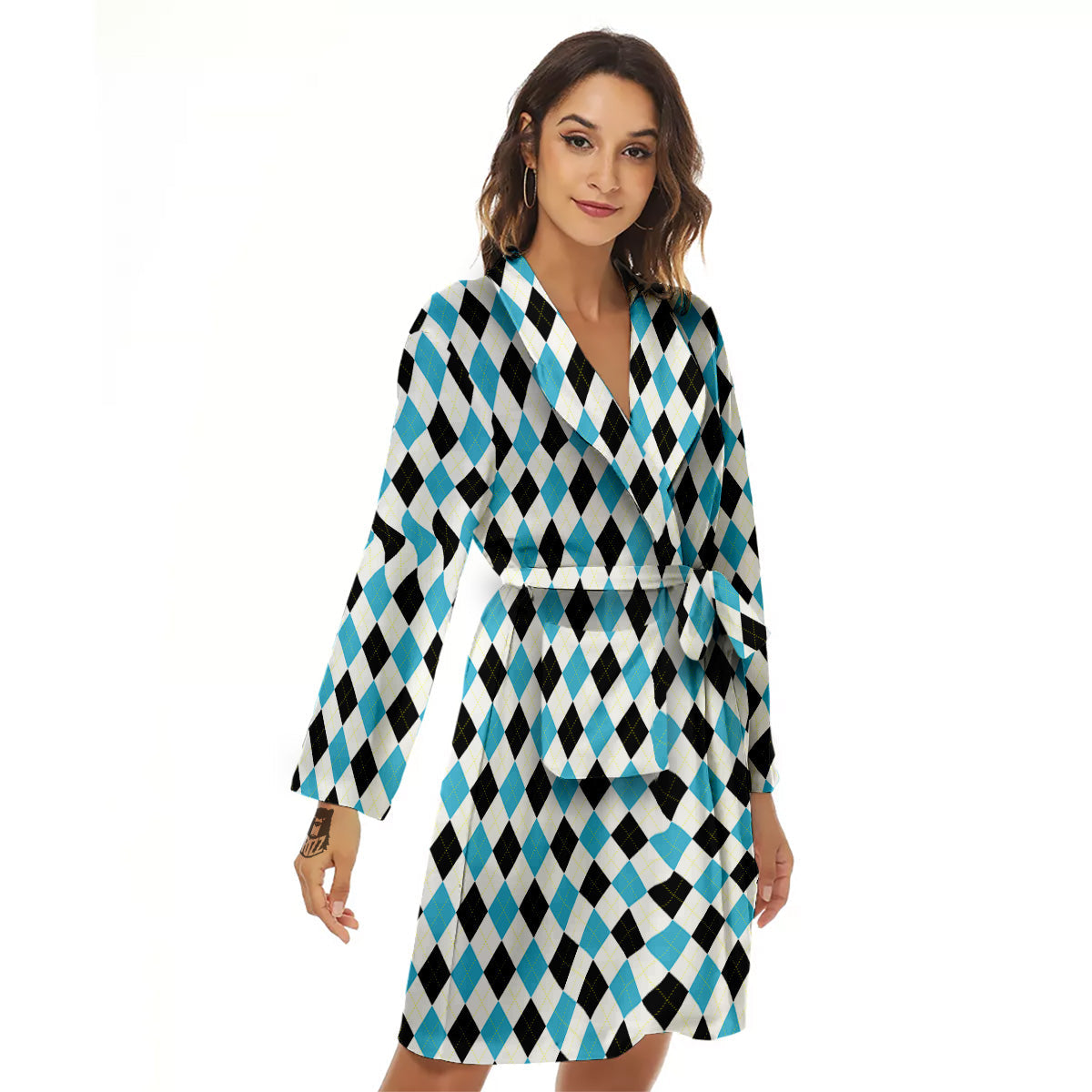 Yellow Black And Blue Argyle Print Women's Robe-grizzshop