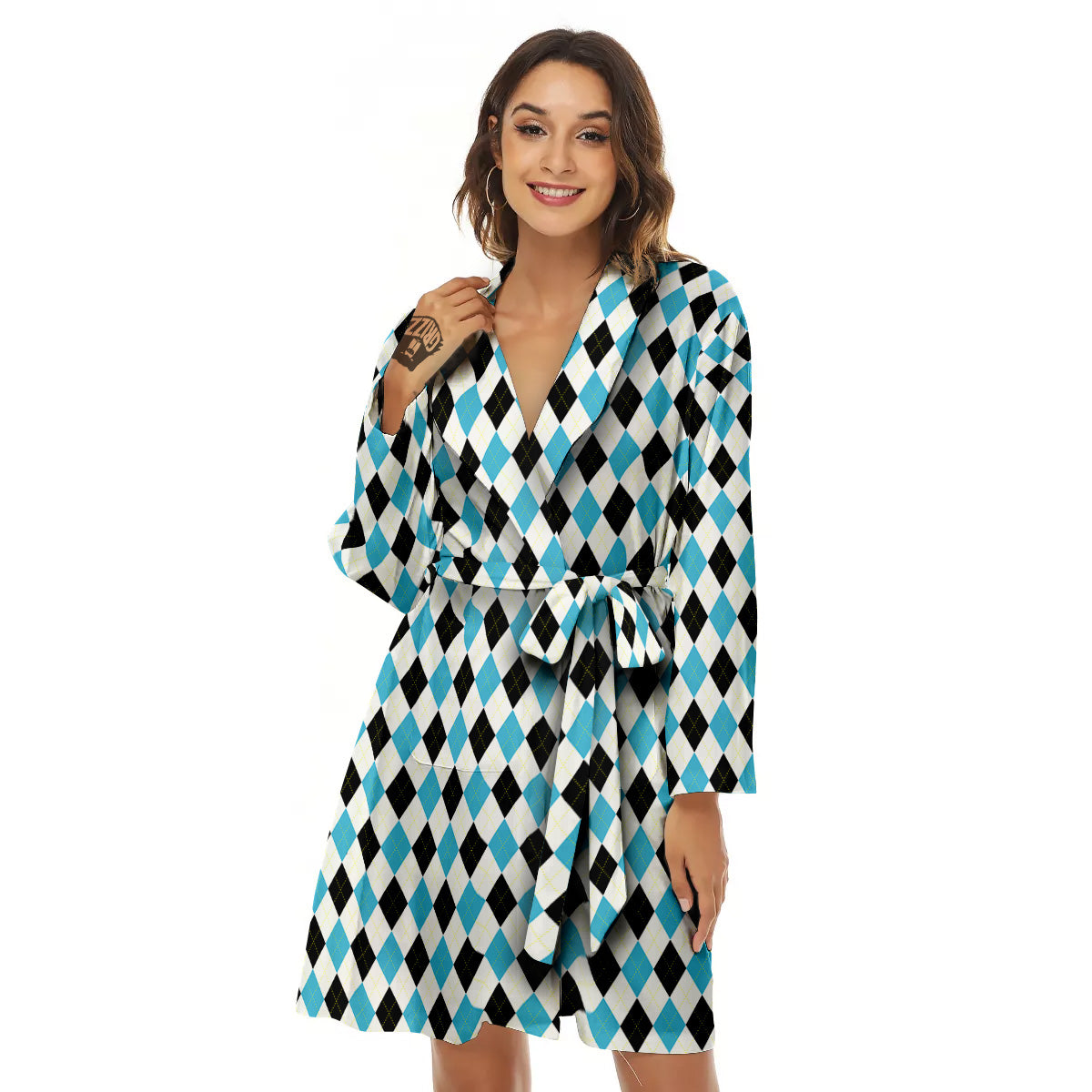 Yellow Black And Blue Argyle Print Women's Robe-grizzshop
