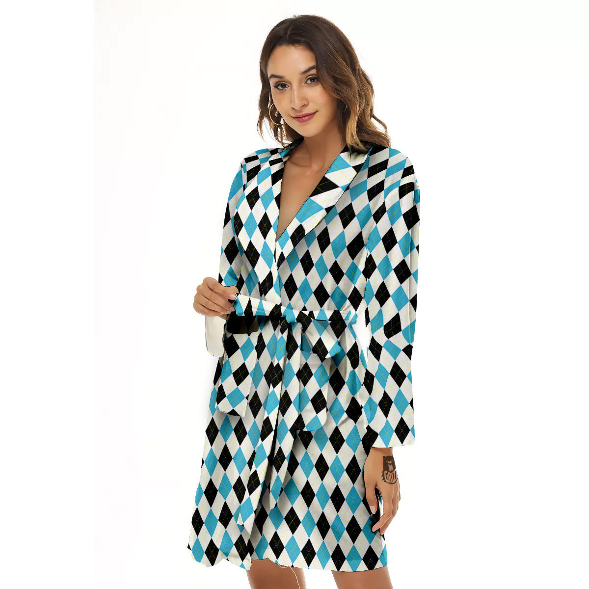 Yellow Black And Blue Argyle Print Women's Robe-grizzshop