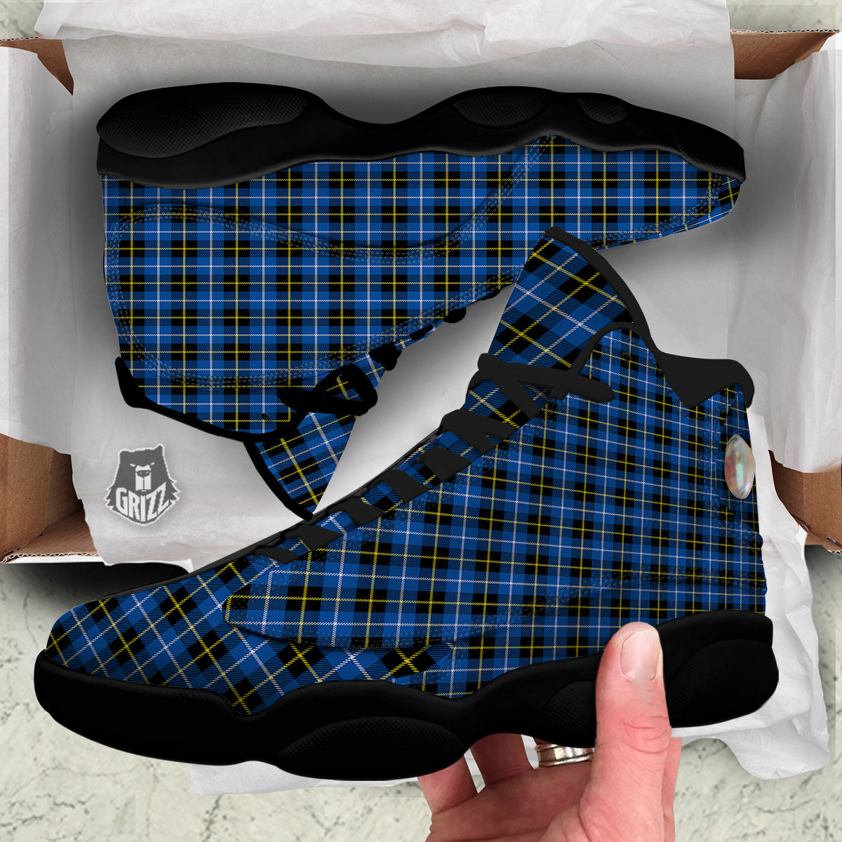 Yellow Blue And Black Tartan Print Black Basketball Shoes-grizzshop