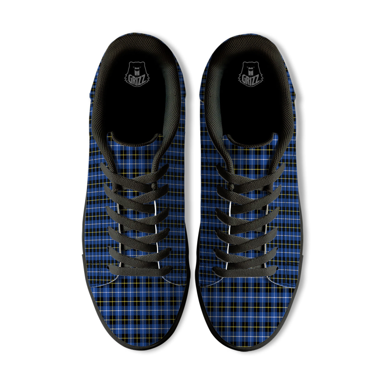 Yellow Blue And Black Tartan Print Black Low Top Sneakers-grizzshop