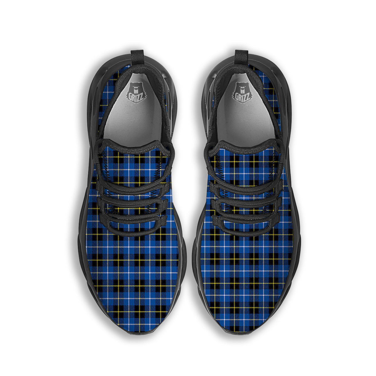 Yellow Blue And Black Tartan Print Black Running Shoes-grizzshop
