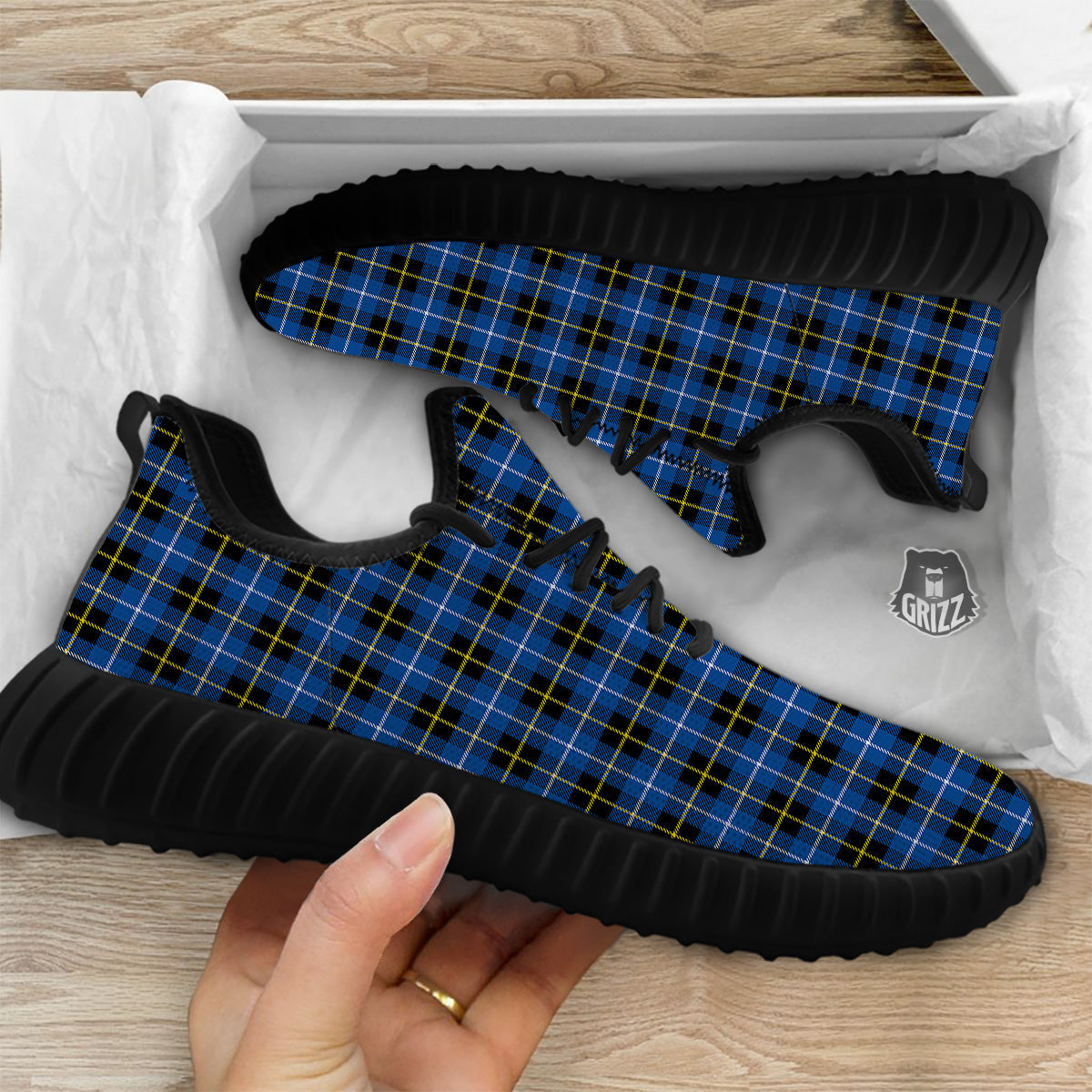 Yellow Blue And Black Tartan Print Black Walking Shoes-grizzshop