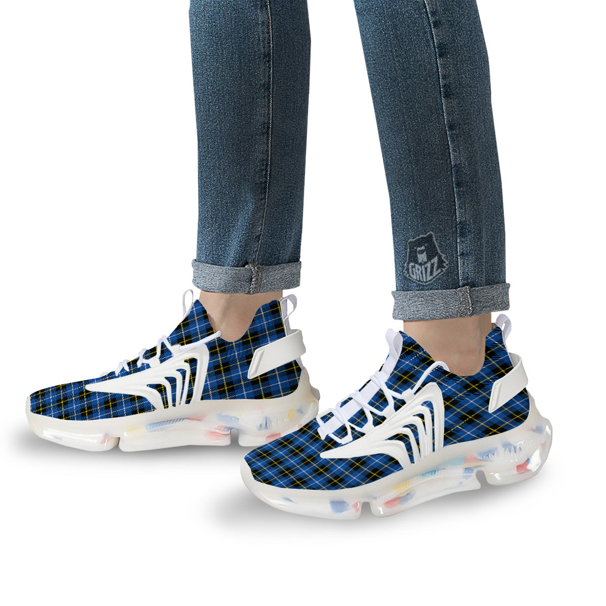 Yellow Blue And Black Tartan Print White Gym Shoes-grizzshop