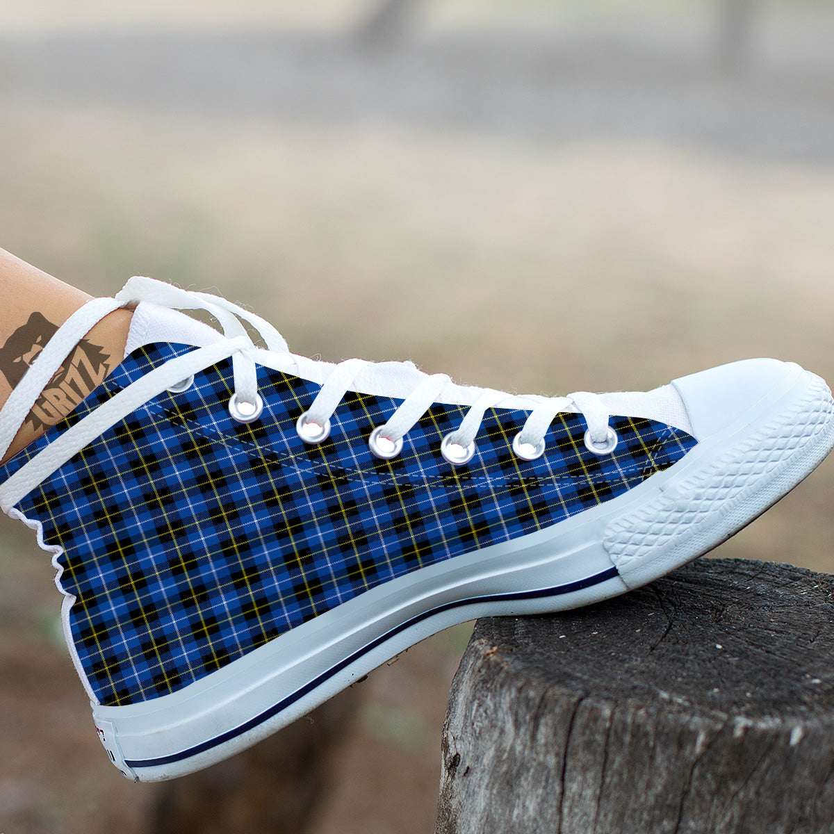 Yellow Blue And Black Tartan Print White High Top Shoes-grizzshop