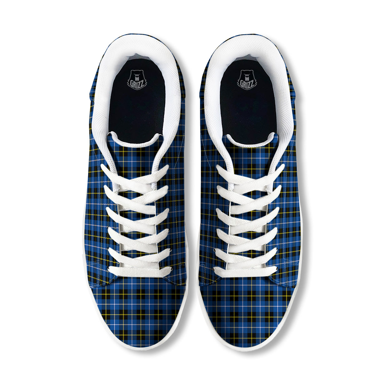 Yellow Blue And Black Tartan Print White Low Top Sneakers-grizzshop