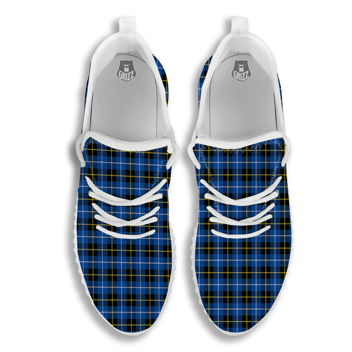 Yellow Blue And Black Tartan Print White Walking Shoes-grizzshop