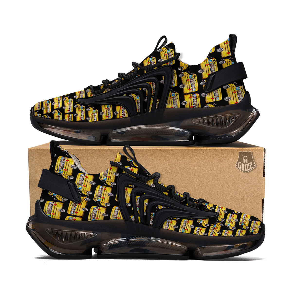 Yellow Bus Print Pattern Black Gym Shoes-grizzshop