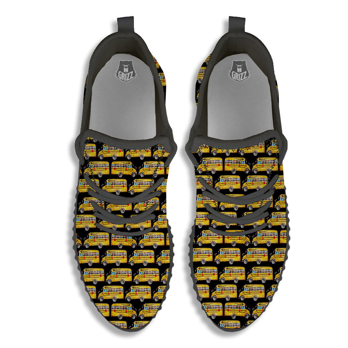 Yellow Bus Print Pattern Black Walking Shoes-grizzshop