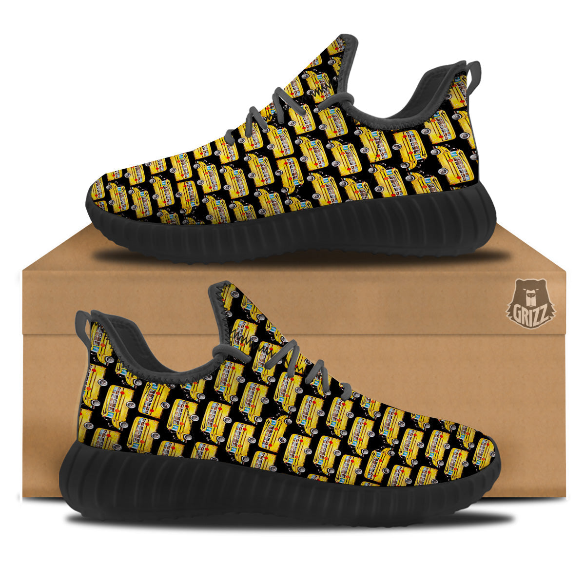 Yellow Bus Print Pattern Black Walking Shoes-grizzshop