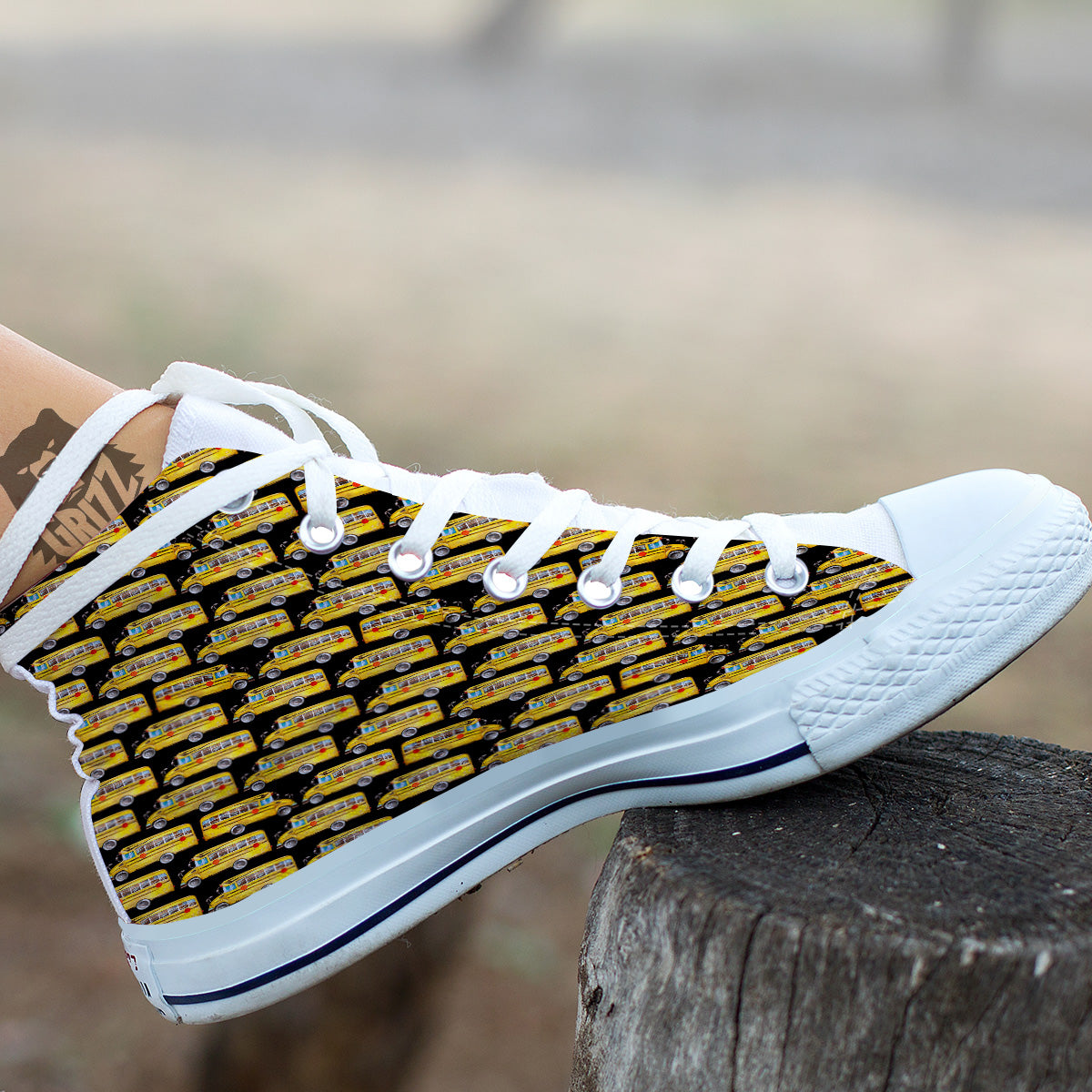 Yellow Bus Print Pattern White High Top Shoes-grizzshop