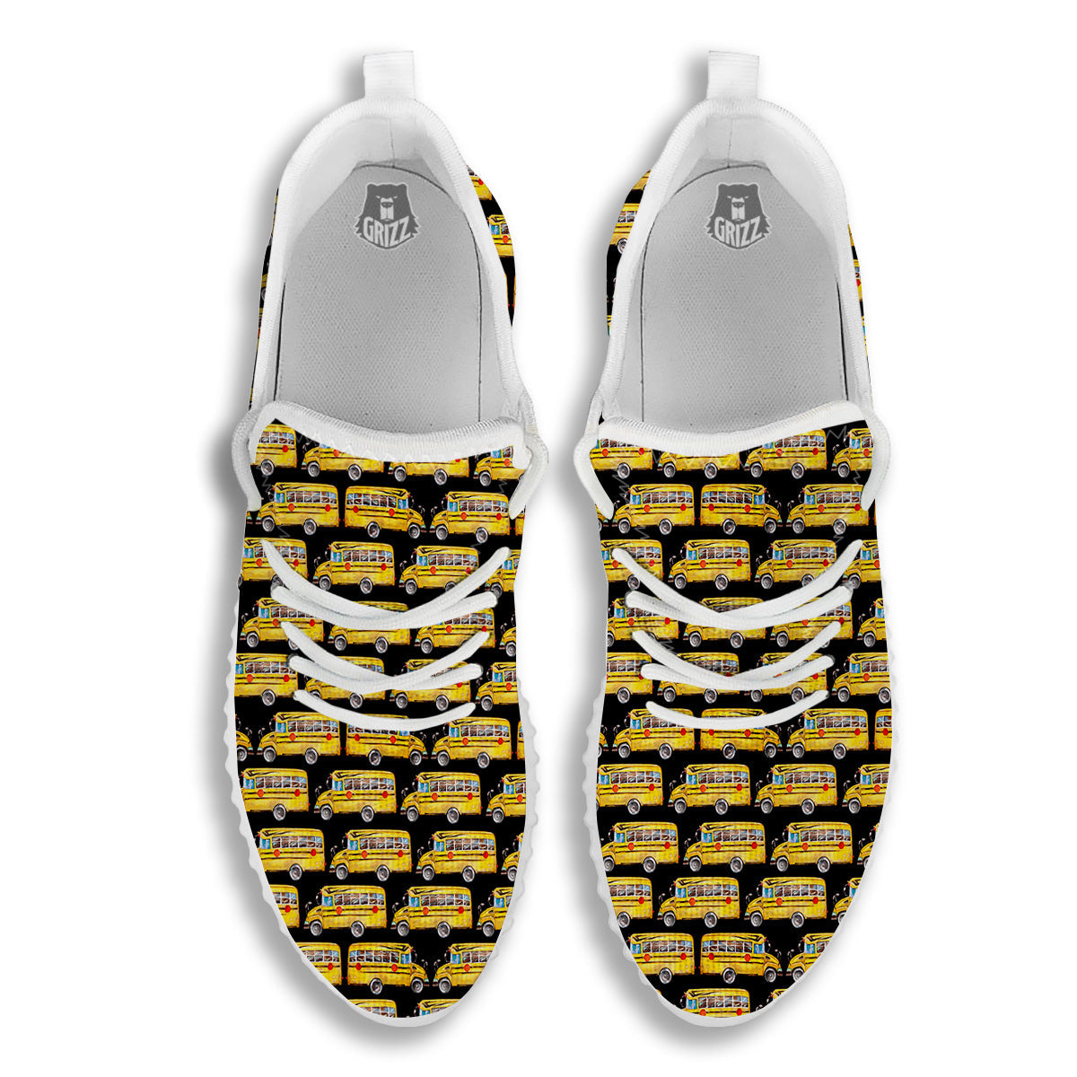 Yellow Bus Print Pattern White Walking Shoes-grizzshop
