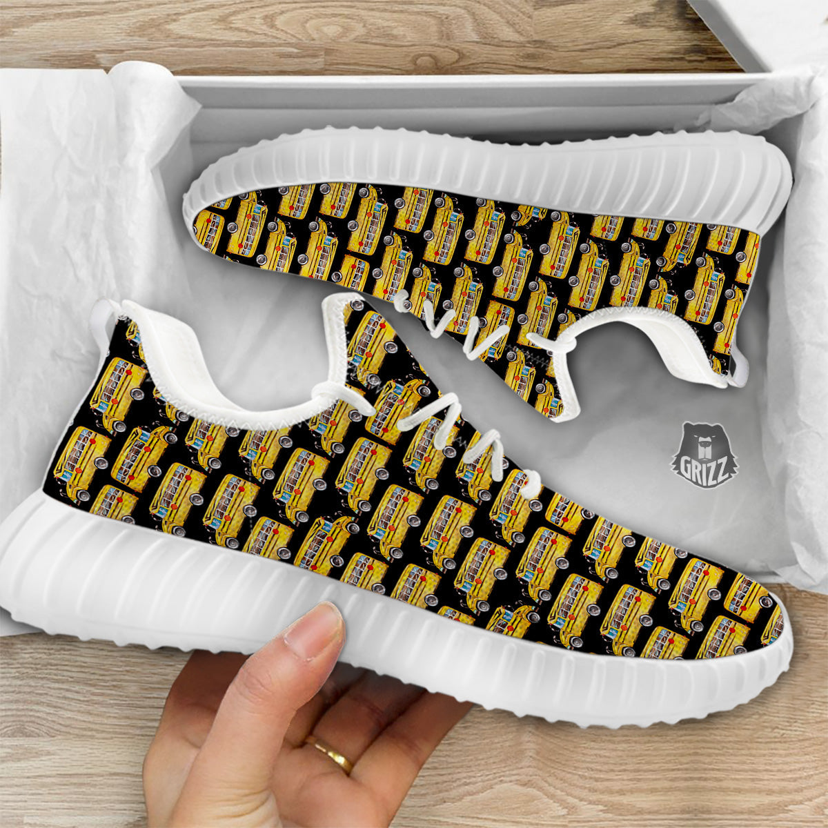 Yellow Bus Print Pattern White Walking Shoes-grizzshop