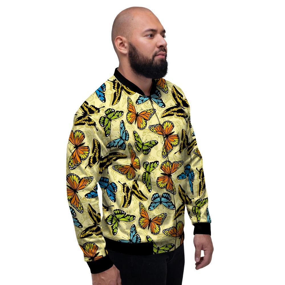 Yellow Butterfly Pattern Print Men's Bomber Jacket-grizzshop