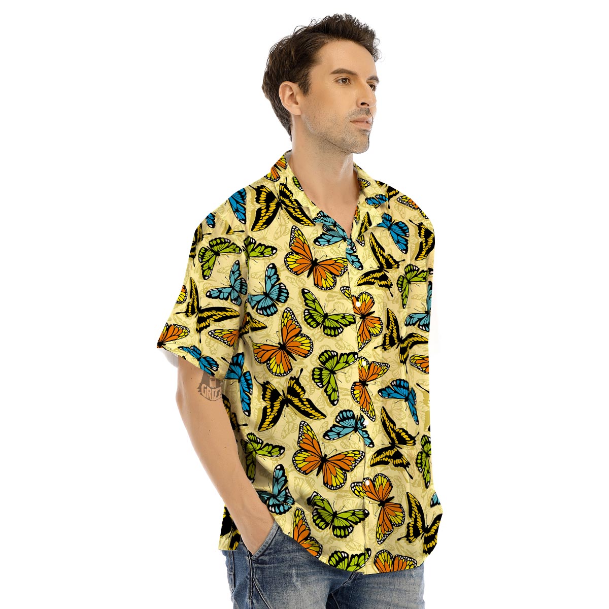Yellow Butterfly Pattern Print Men’s Hawaiian Shirt-grizzshop
