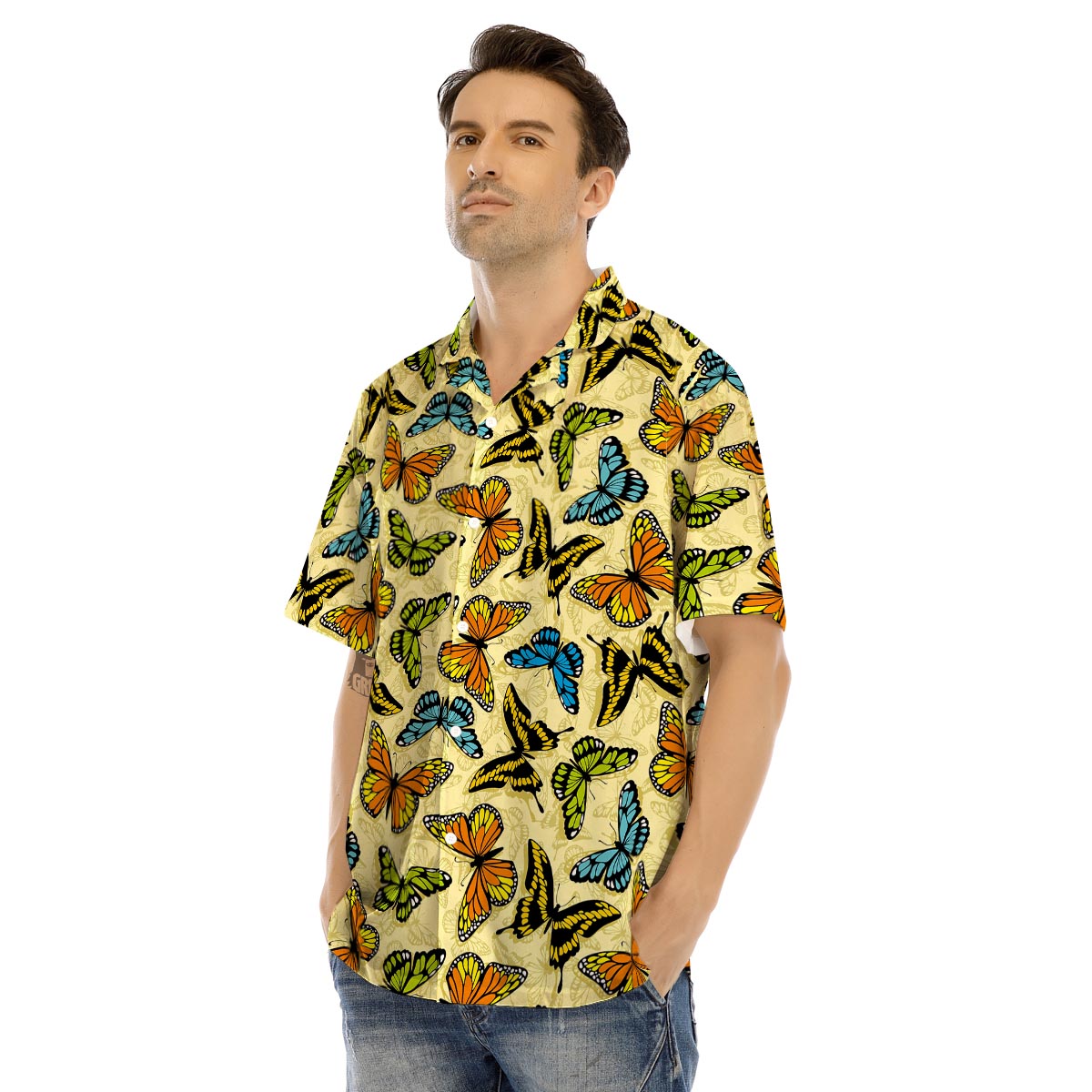Yellow Butterfly Pattern Print Men’s Hawaiian Shirt-grizzshop