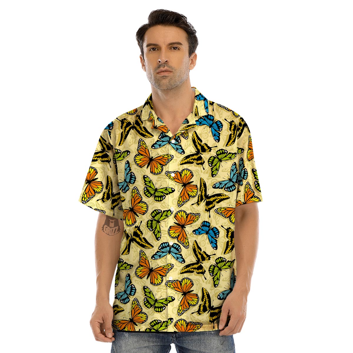 Yellow Butterfly Pattern Print Men’s Hawaiian Shirt-grizzshop