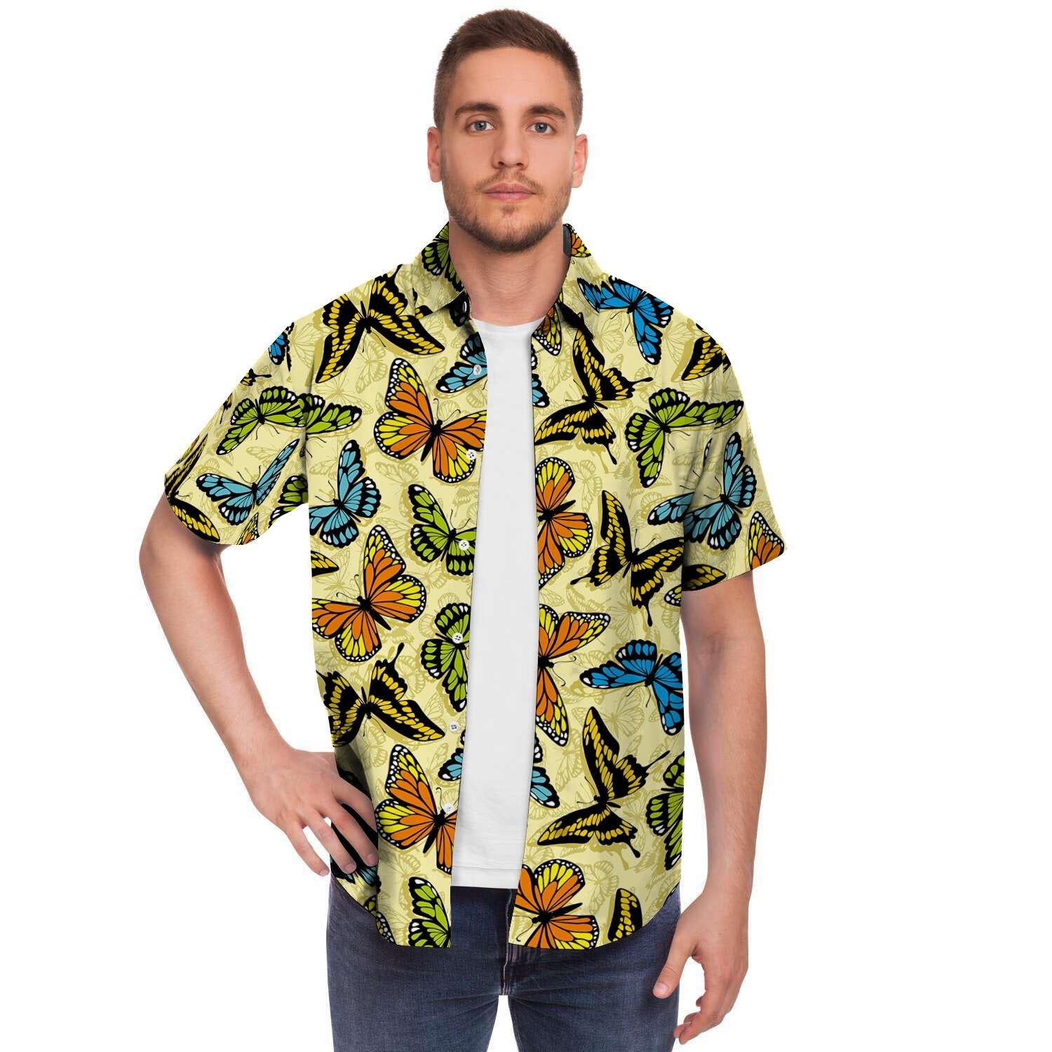 Yellow Butterfly Pattern Print Men's Short Sleeve Shirt-grizzshop