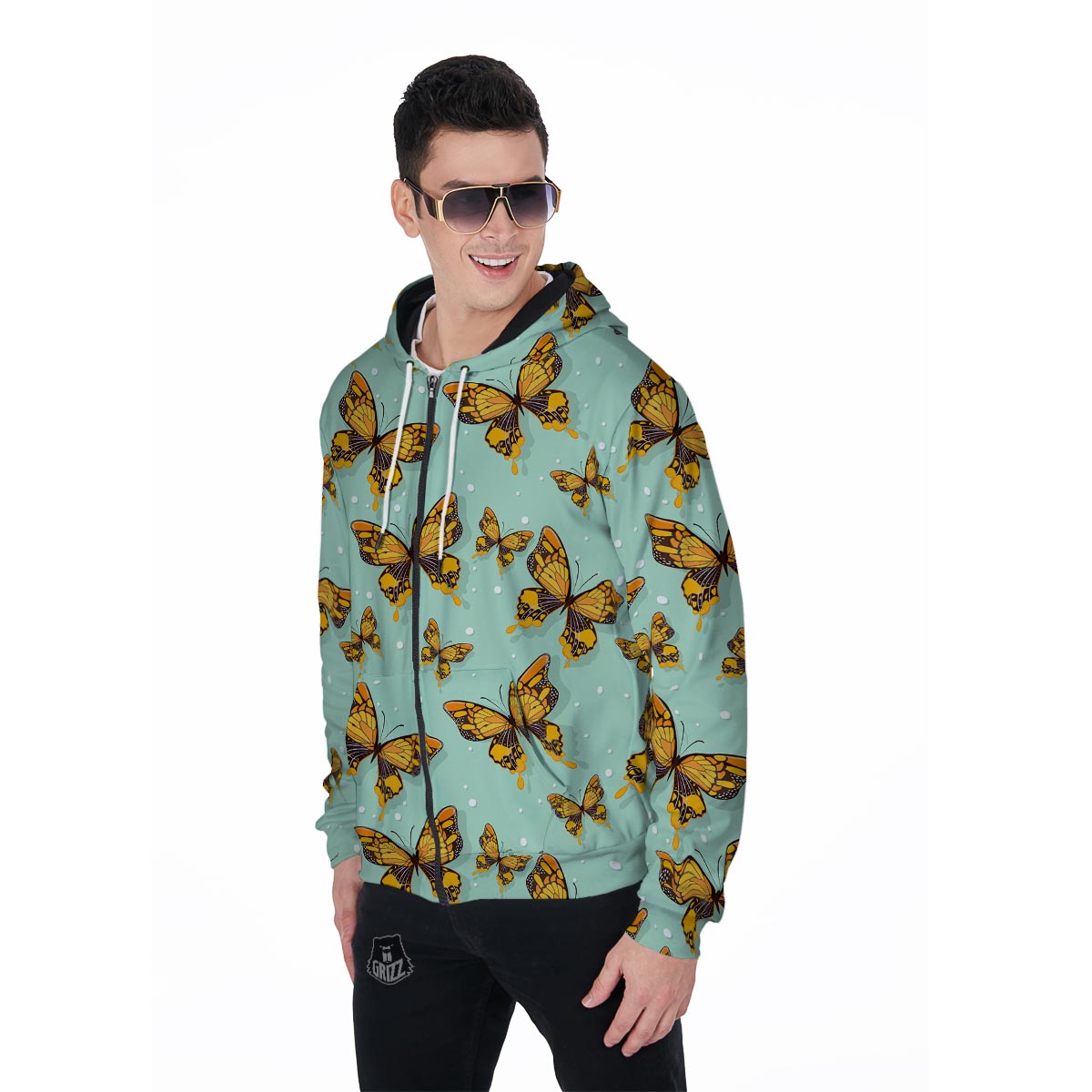 Yellow Butterfly Print Men's Zip Up Hoodie-grizzshop
