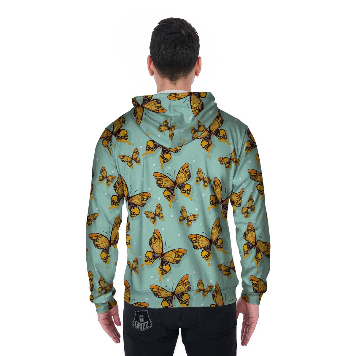 Yellow Butterfly Print Men's Zip Up Hoodie-grizzshop