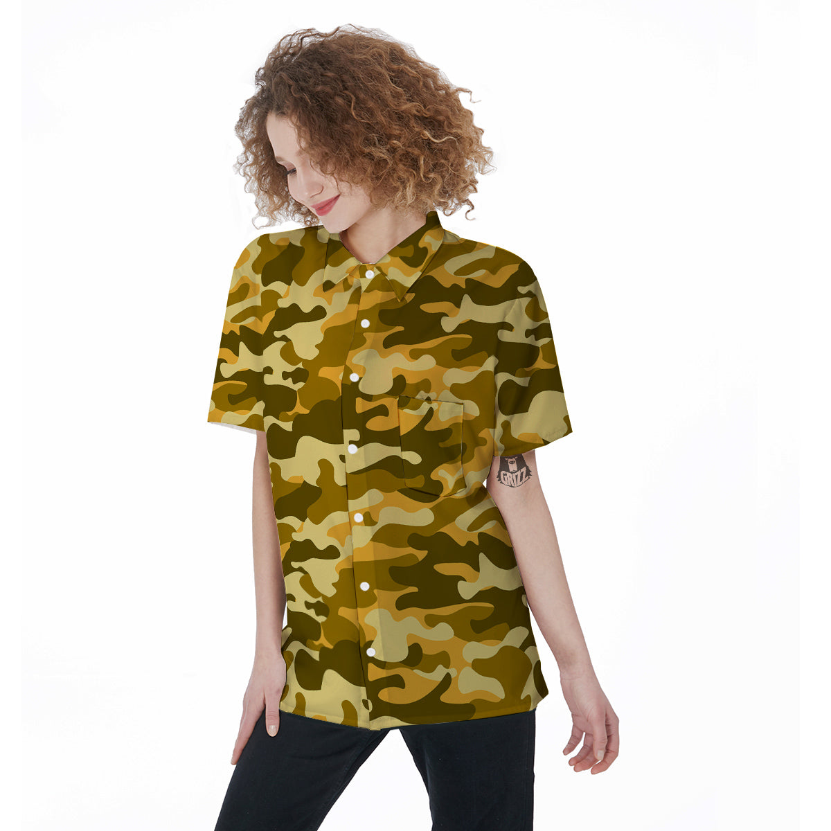 Yellow Camo And Camouflage Print Women's Short Sleeve Shirts-grizzshop