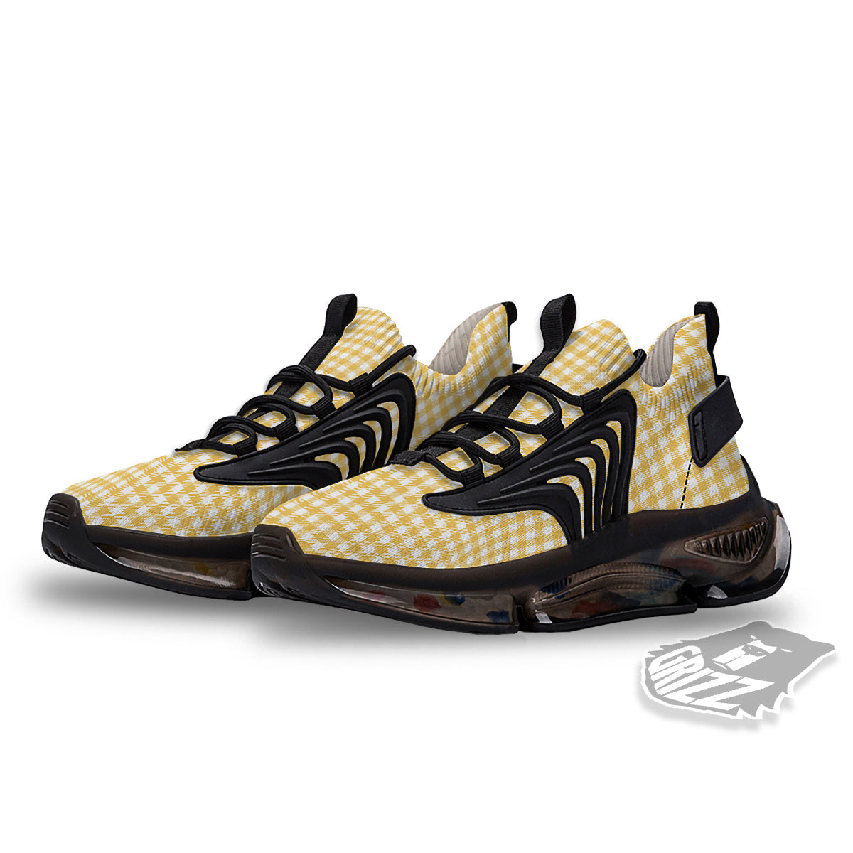 Yellow Canary And White Gingham Print Black Gym Shoes-grizzshop