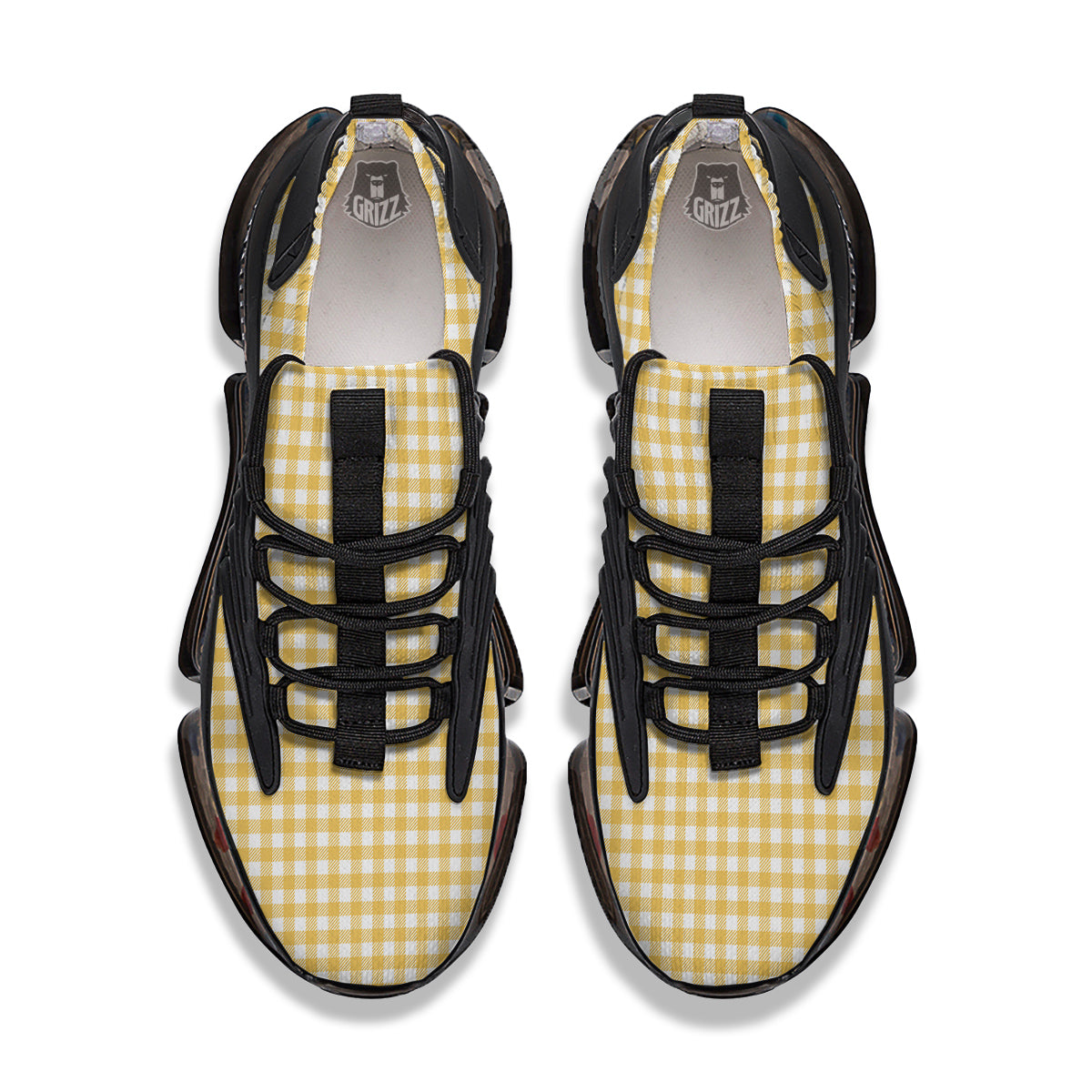 Yellow Canary And White Gingham Print Black Gym Shoes-grizzshop