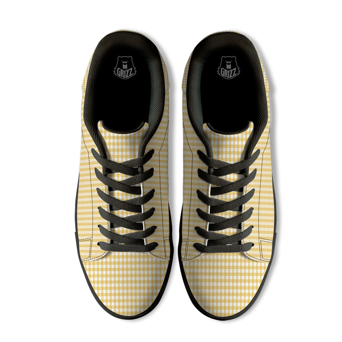 Yellow Canary And White Gingham Print Black Low Top Sneakers-grizzshop