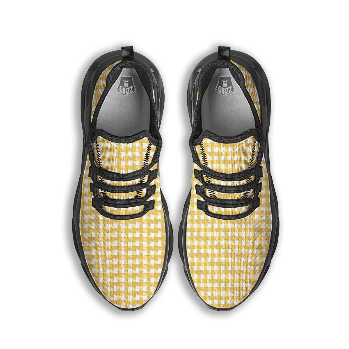 Yellow Canary And White Gingham Print Black Running Shoes-grizzshop