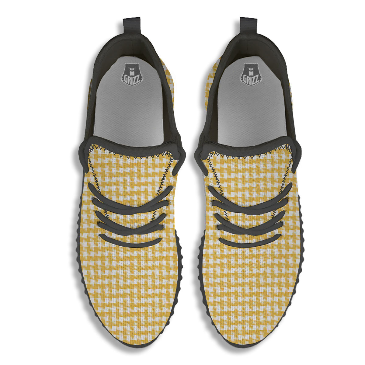 Yellow Canary And White Gingham Print Black Walking Shoes-grizzshop
