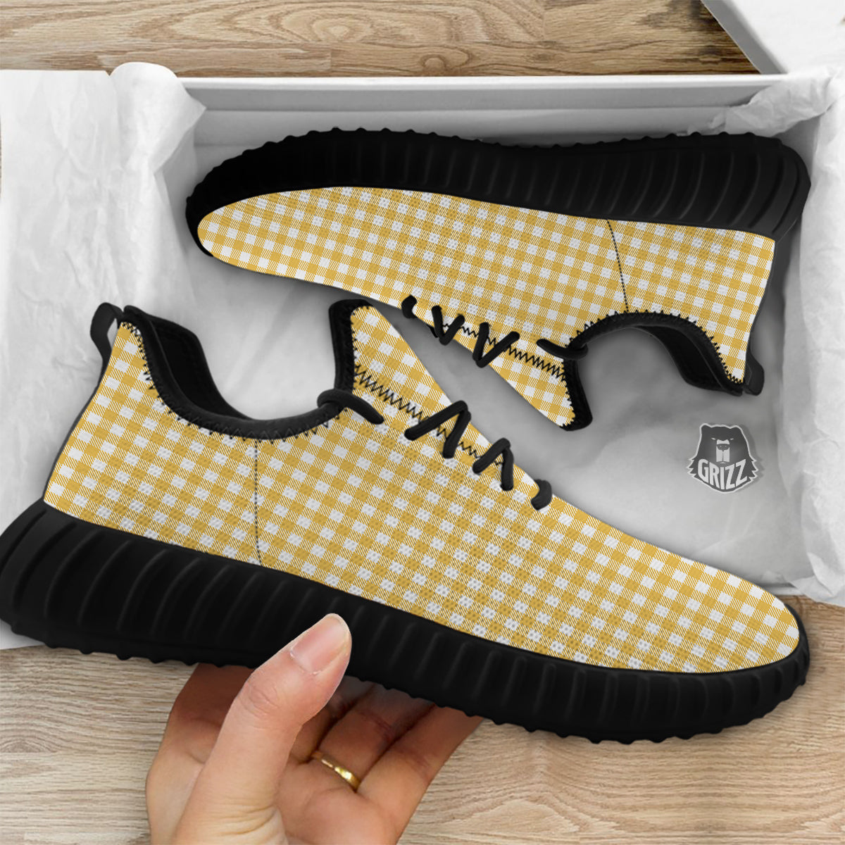 Yellow Canary And White Gingham Print Black Walking Shoes-grizzshop