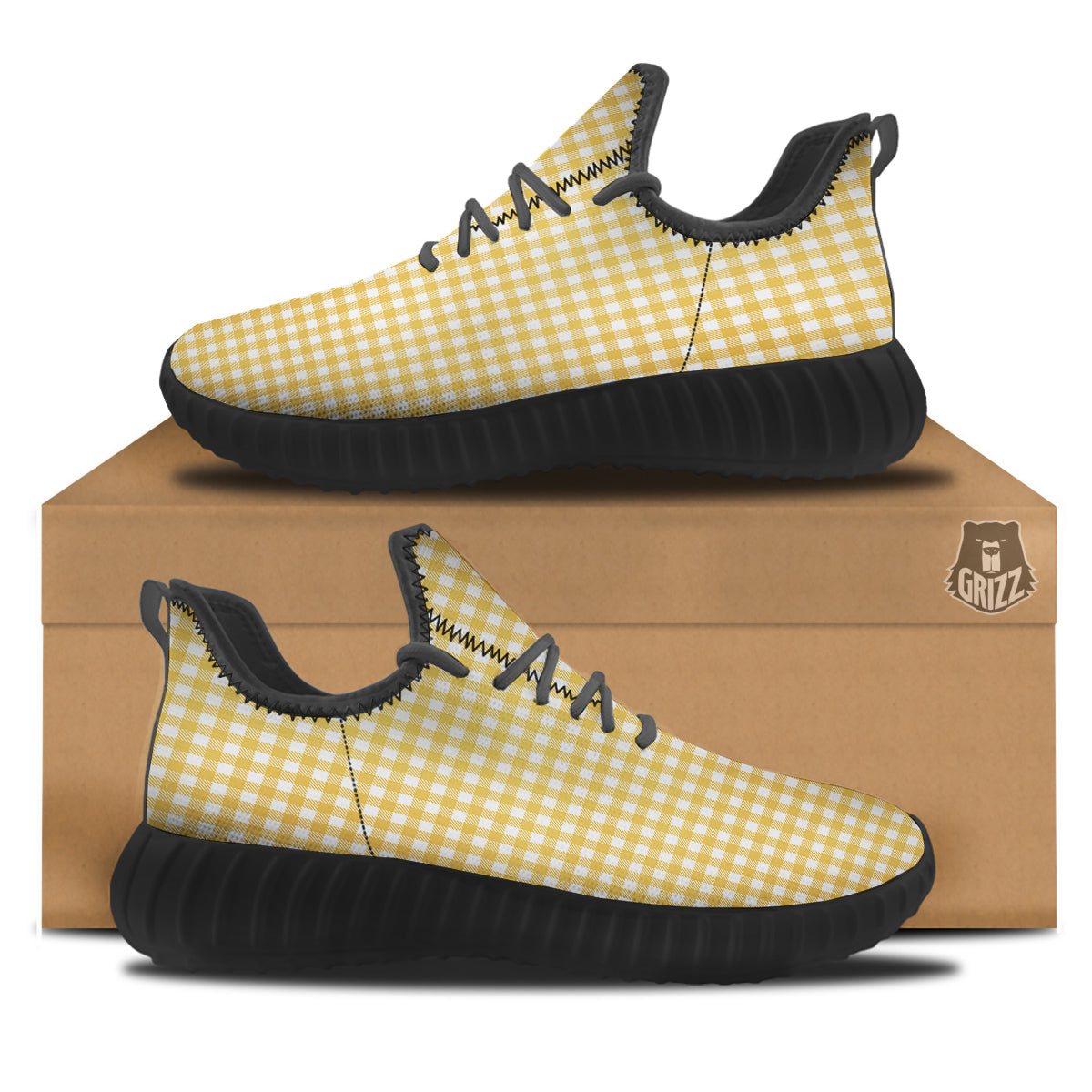 Yellow Canary And White Gingham Print Black Walking Shoes-grizzshop