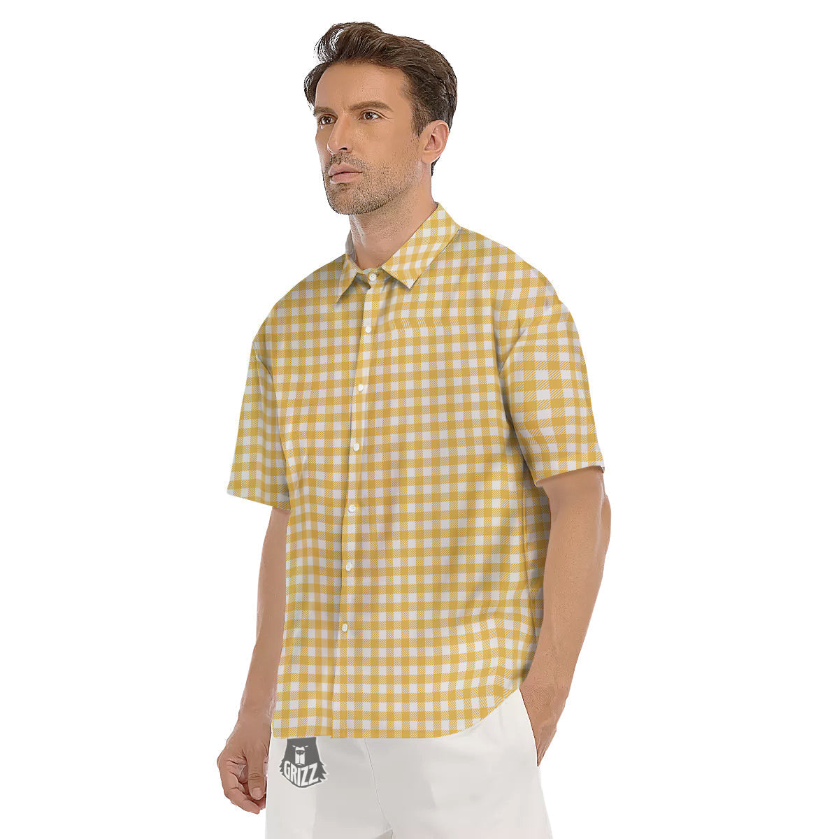 Yellow Canary And White Gingham Print Men's Short Sleeve Shirts-grizzshop