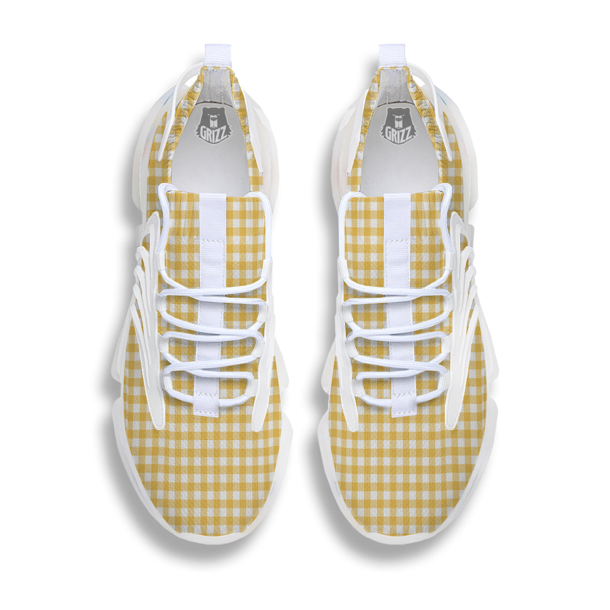 Yellow Canary And White Gingham Print White Gym Shoes-grizzshop