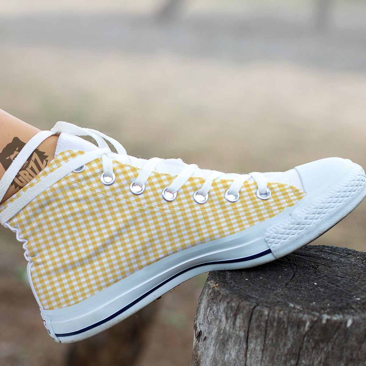 Yellow Canary And White Gingham Print White High Top Shoes-grizzshop