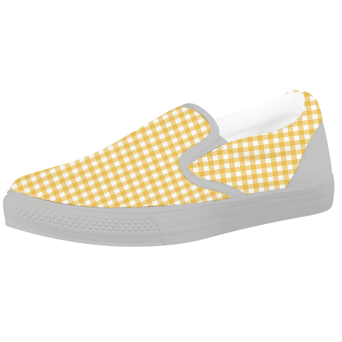 Yellow Canary And White Gingham Print White Slip On Shoes-grizzshop