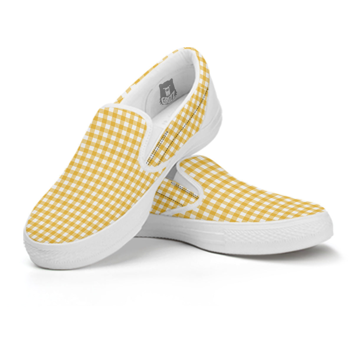 Yellow Canary And White Gingham Print White Slip On Shoes-grizzshop