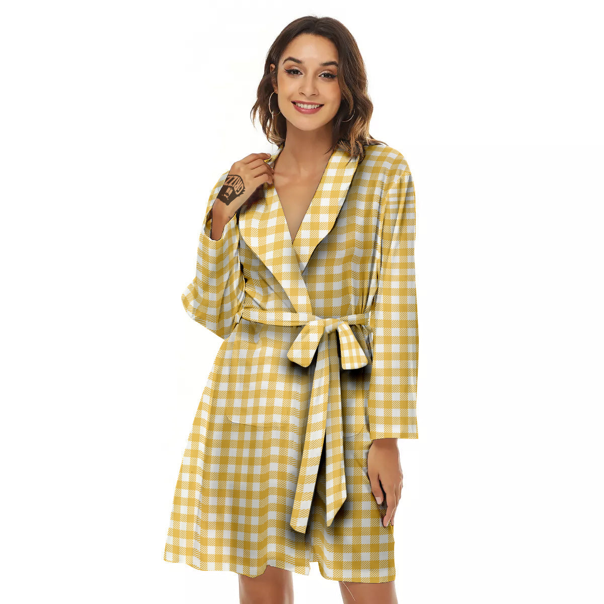 Yellow Canary And White Gingham Print Women's Robe-grizzshop