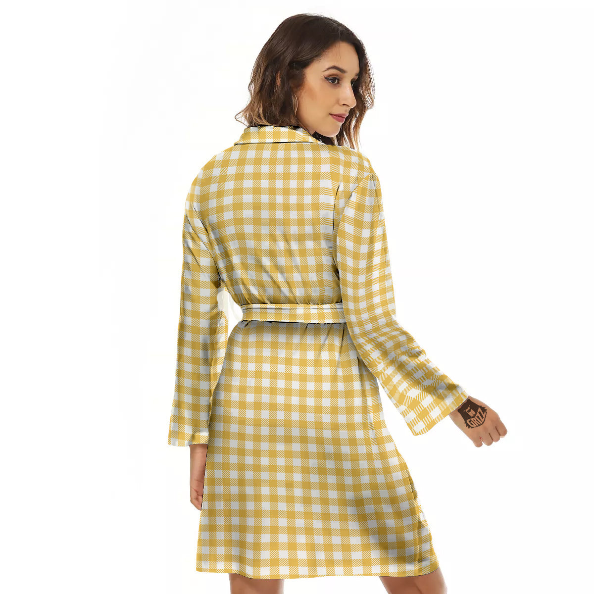 Yellow Canary And White Gingham Print Women's Robe-grizzshop