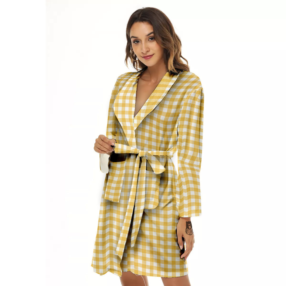 Yellow Canary And White Gingham Print Women's Robe-grizzshop