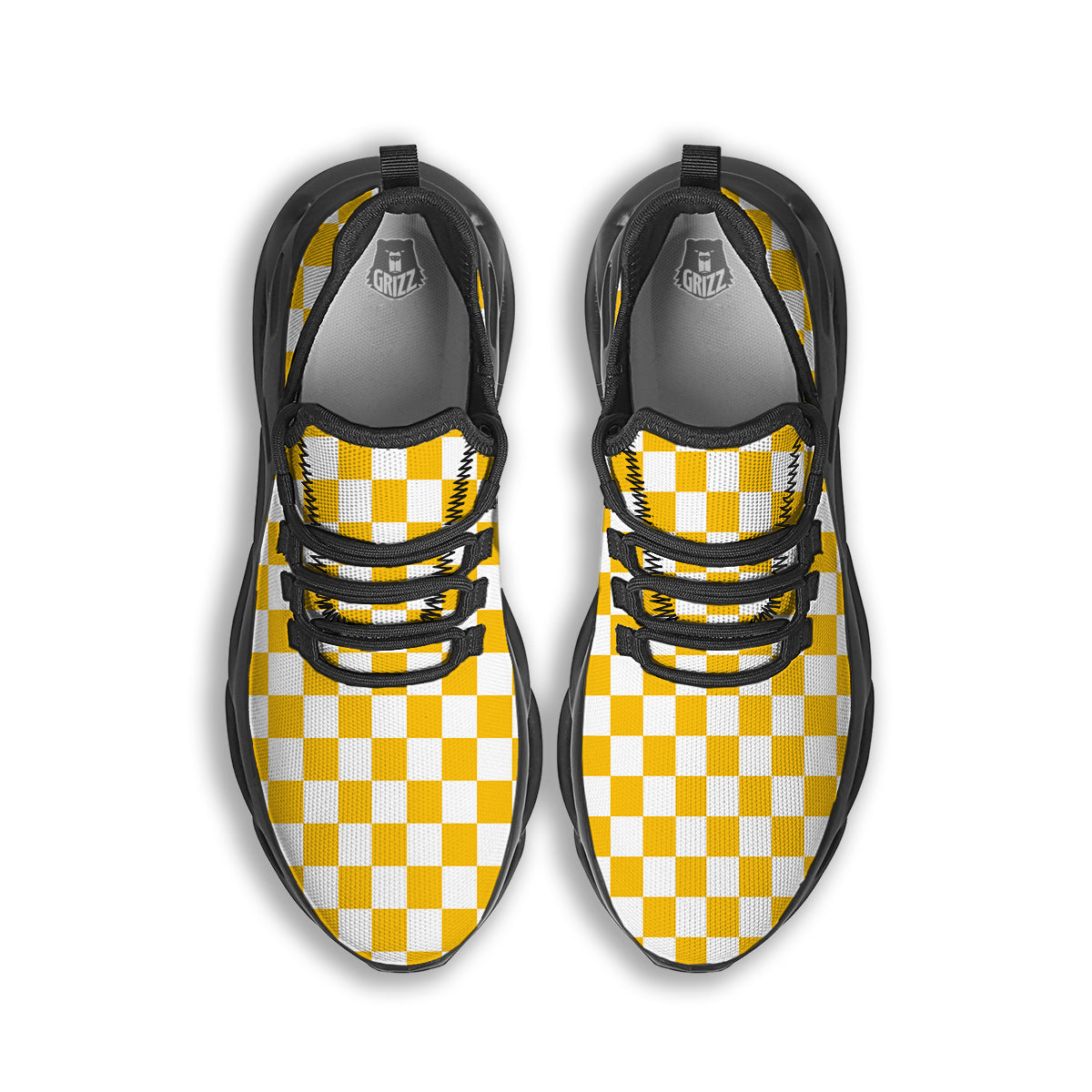 Yellow Checkered Flag Print Black Running Shoes-grizzshop